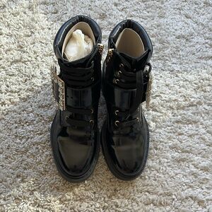 Roger Vivier embellished buckle black patent combat boots size 37. Worn once